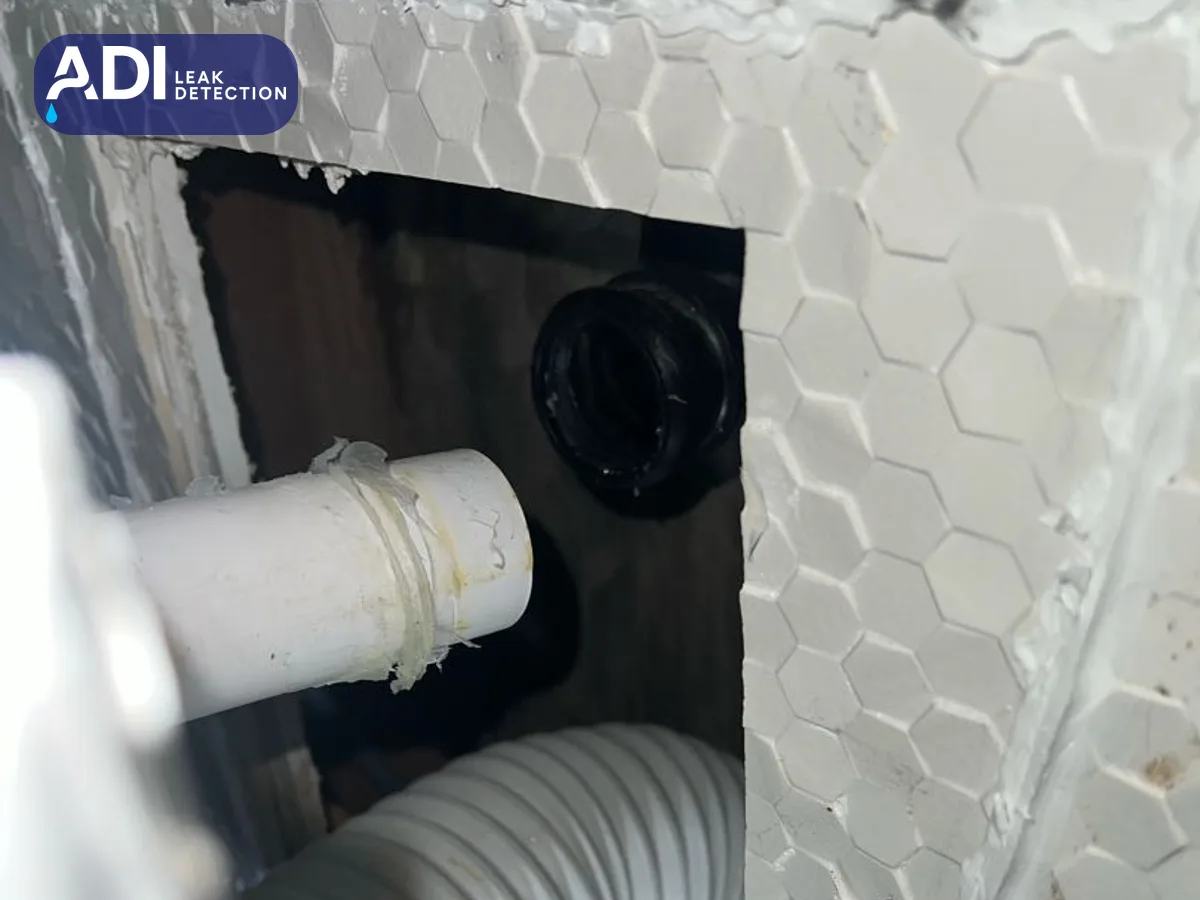 A toilet waste pipe and pan connector behind an opened section of tiled boxing